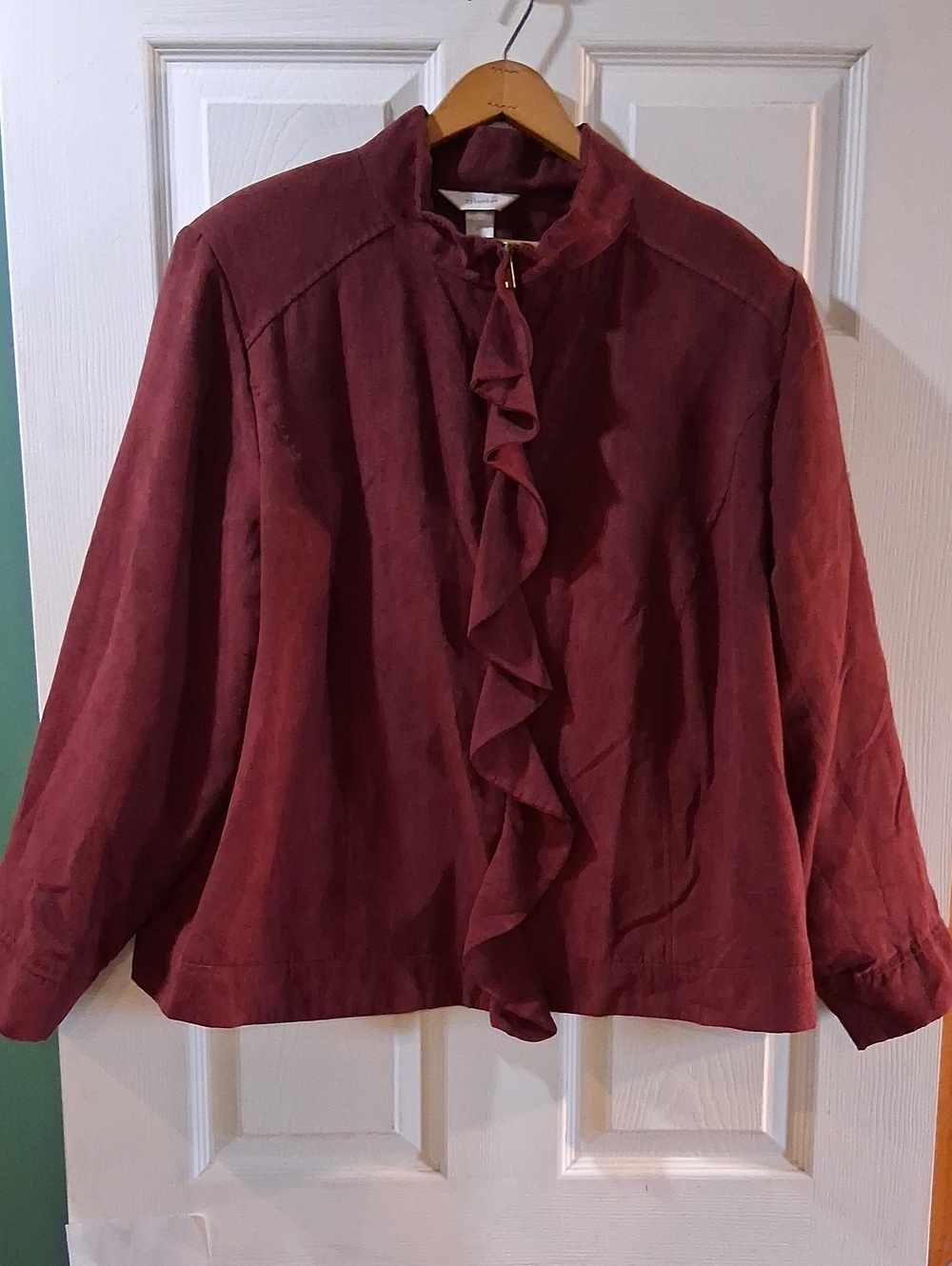 CJ Banks Burgundy Ruffle-Front Blouse Jacket Suede Feel Gold Zipper